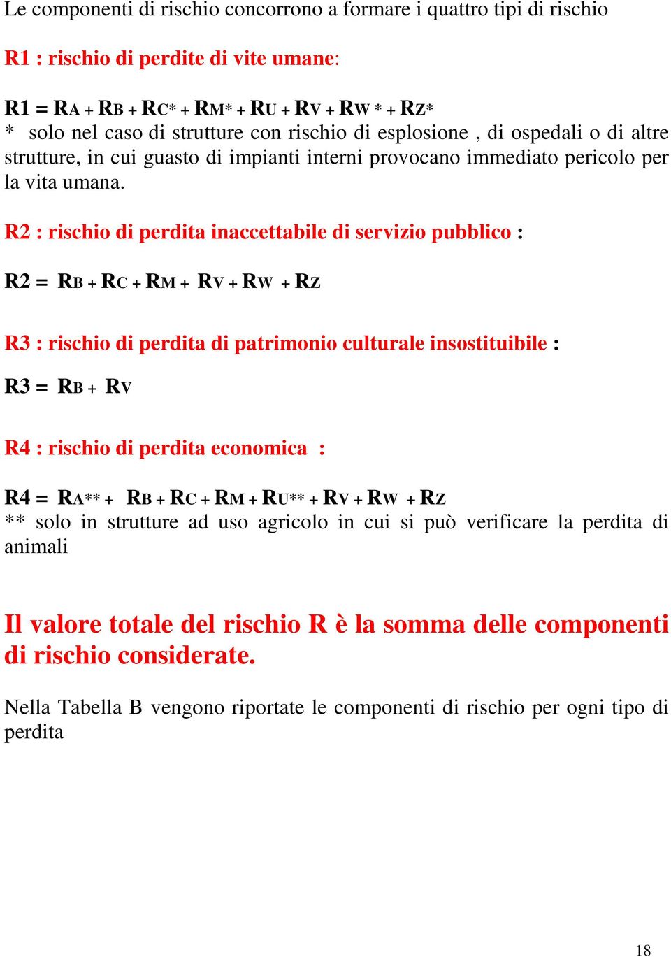 R2 : rischio di perdita inaccettabile di servizio pubblico : R2 = RB + RC + RM + RV + RW + RZ R3 : rischio di perdita di patrimonio culturale insostituibile : R3 = RB + RV R4 : rischio di perdita