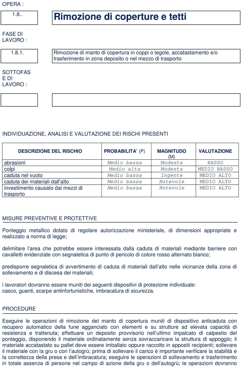 8.1. Rimozione di manto di copertura in coppi o tegole, accatastamento e/o trasferimento in zona deposito o nel mezzo di trasporto SOTTOFAS E DI INDIVIDUAZIONE, ANALISI E VALUTAZIONE DEI RISCHI