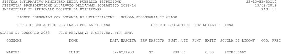 16 CLASSE DI CONCORSO:A058 SC.E MEC.AGR.