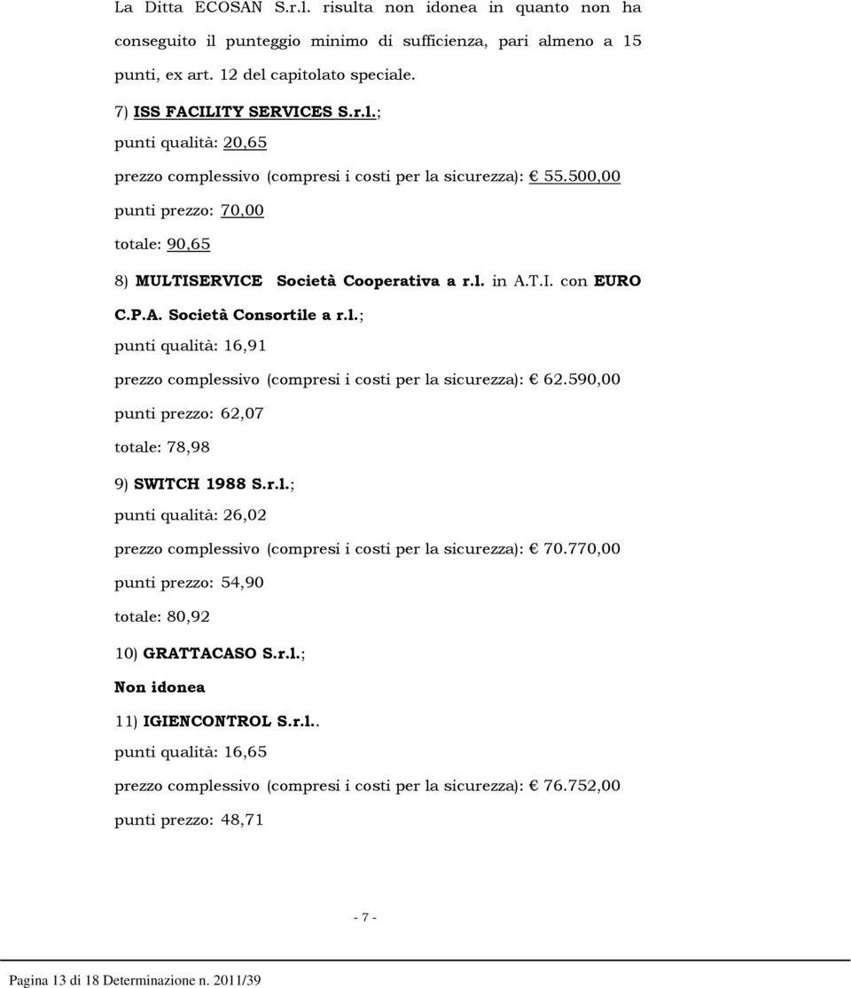 590,00 punti prezzo: 62,07 totale: 78,98 9) SWITCH 1988 S.r.l.; punti qualità: 26,02 prezzo complessivo (compresi i costi per la sicurezza): 70.