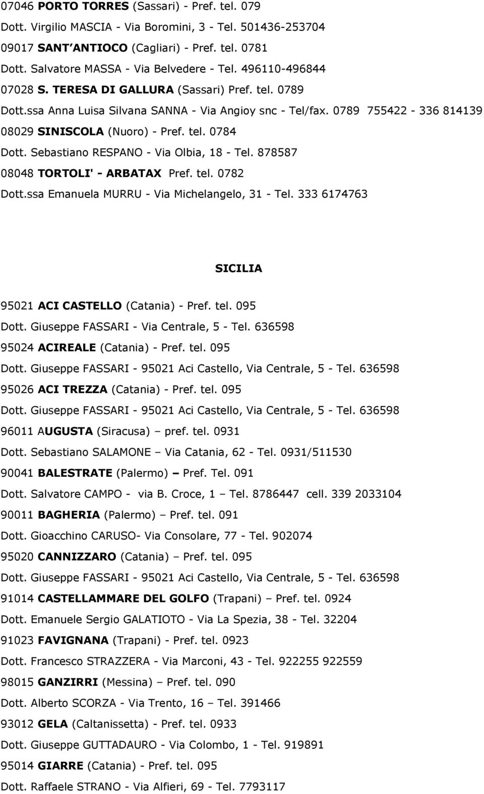 Sebastiano RESPANO - Via Olbia, 18 - Tel. 878587 08048 TORTOLI' - ARBATAX Pref. tel. 0782 Dott.ssa Emanuela MURRU - Via Michelangelo, 31 - Tel. 333 6174763 SICILIA 95021 ACI CASTELLO (Catania) - Pref.