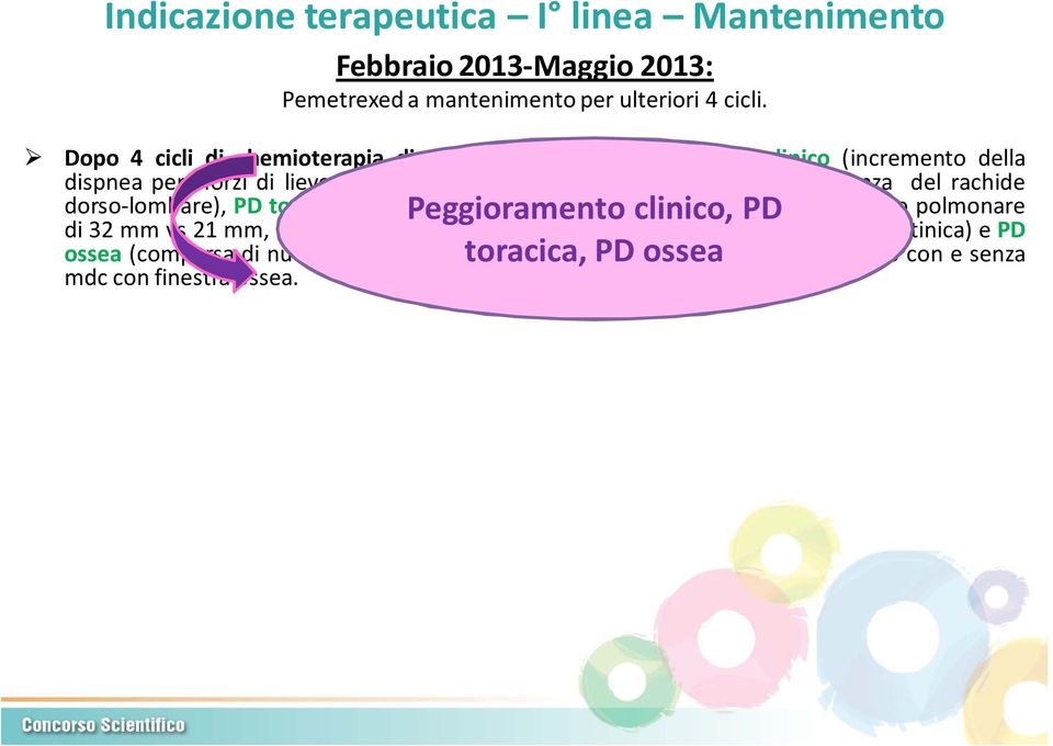 corrispondenza del rachide dorso lombare), PD toracica (incremento Peggioramento del versamentoclinico, pleurico apd destra, nodulo polmonare di 32 mm vs 21 mm,