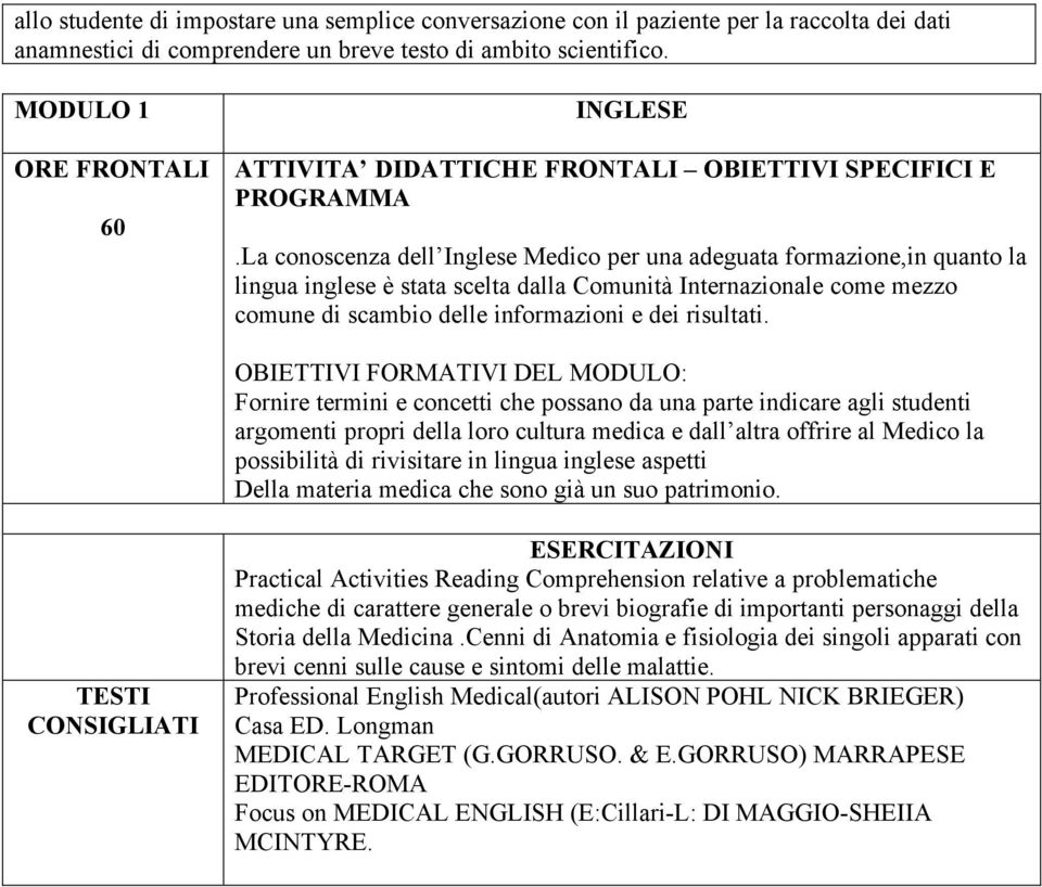 La conoscenza dell Inglese Medico per una adeguata formazione,in quanto la lingua inglese è stata scelta dalla Comunità Internazionale come mezzo comune di scambio delle informazioni e dei risultati.