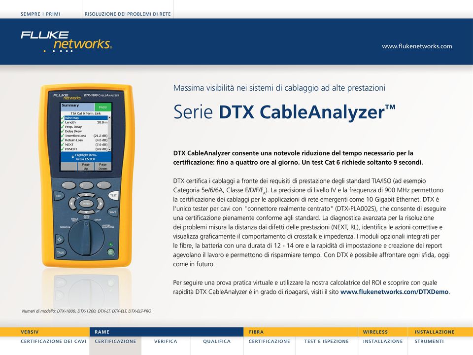 La precisione di livello IV e la frequenza di 900 MHz permettono la certificazione dei cablaggi per le applicazioni di rete emergenti come 10 Gigabit Ethernet.