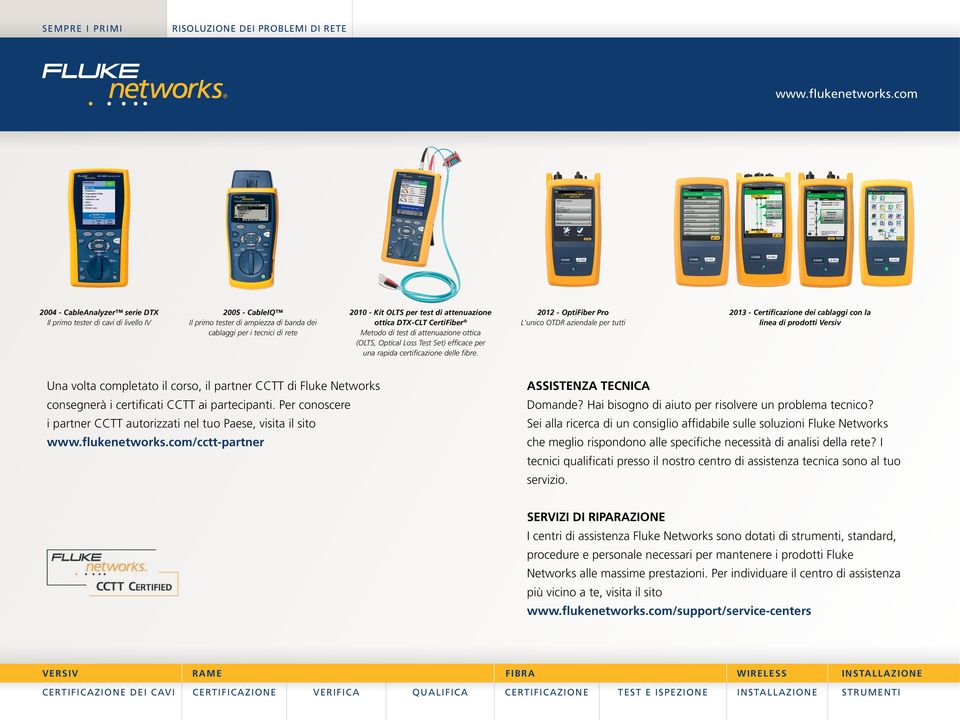 2012 - OptiFiber Pro L'unico OTDR aziendale per tutti 2013 - Certificazione dei cablaggi con la linea di prodotti Versiv Una volta completato il corso, il partner CCTT di Fluke Networks ASSISTENZA