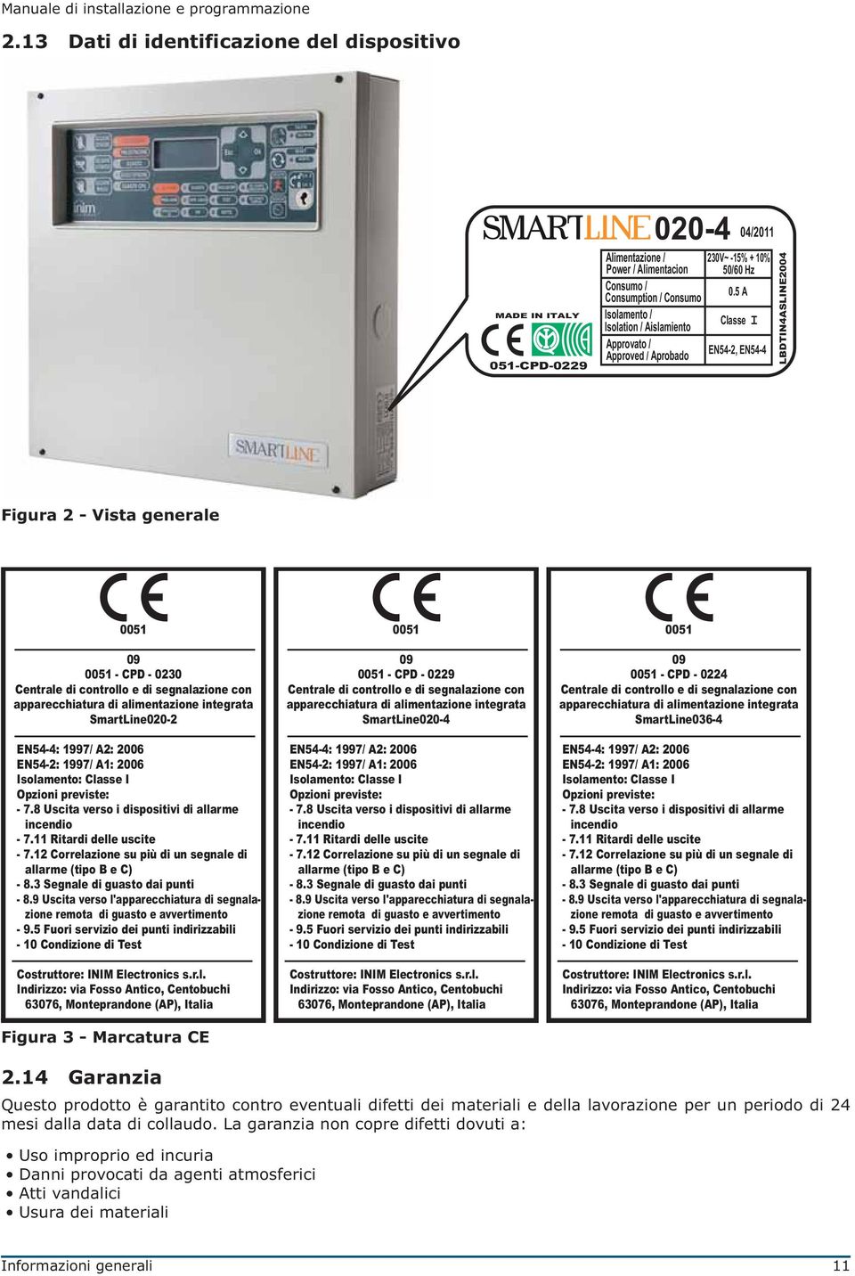 di controllo e di segnalazione con apparecchiatura di alimentazione integrata SmartLine020-2 EN54-4: 1997/ A2: 2006 EN54-2: 1997/ A1: 2006 Isolamento: Classe I Opzioni previste: - 7.
