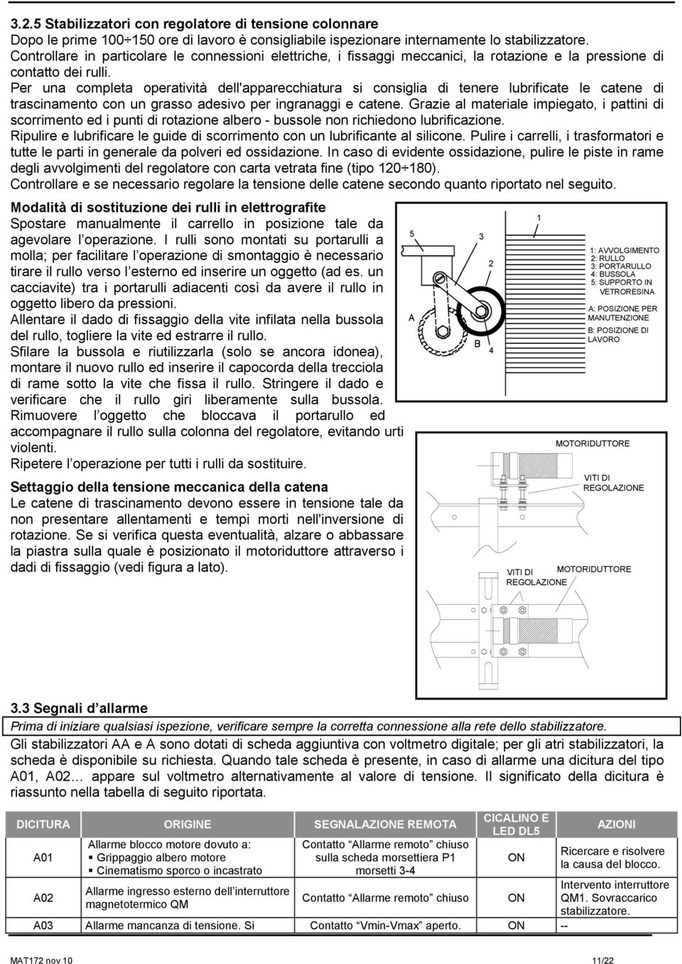 Per una completa operatività dell'apparecchiatura si consiglia di tenere lubrificate le catene di trascinamento con un grasso adesivo per ingranaggi e catene.