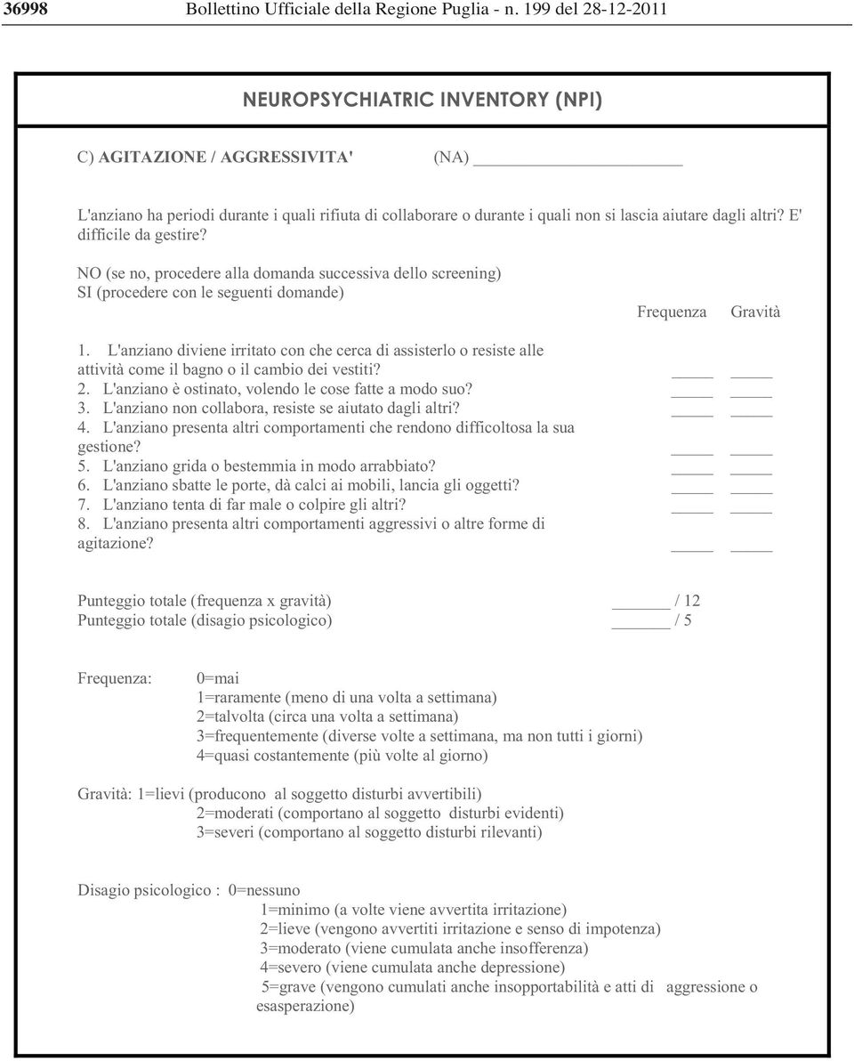 NO (se no, procedere alla domanda successiva dello screening) SI (procedere con le seguenti domande) Frequenza Gravità 1.