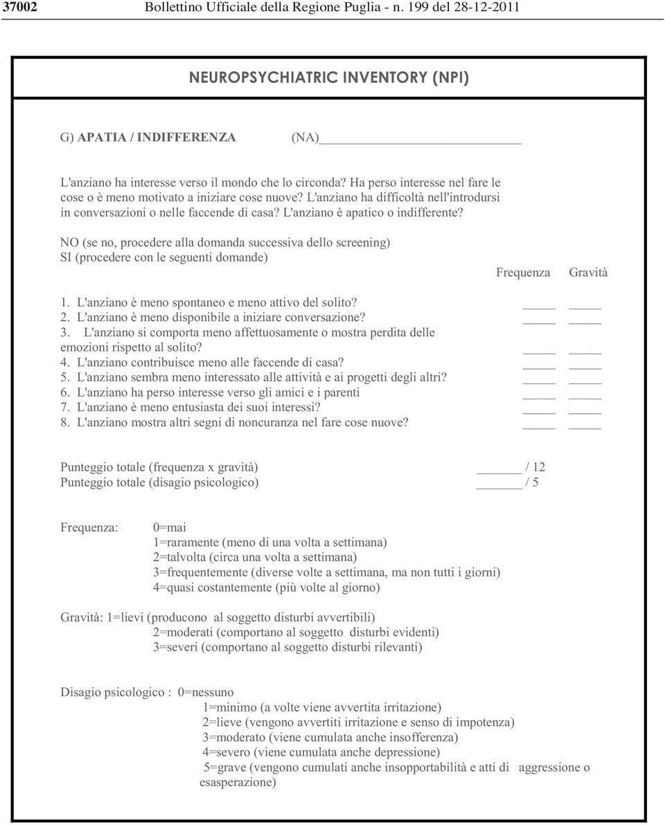 NO (se no, procedere alla domanda successiva dello screening) SI (procedere con le seguenti domande) Frequenza Gravità 1. L'anziano è meno spontaneo e meno attivo del solito? 2.