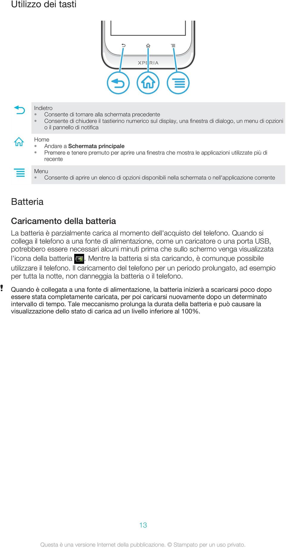 disponibili nella schermata o nell'applicazione corrente Batteria Caricamento della batteria La batteria è parzialmente carica al momento dell'acquisto del telefono.