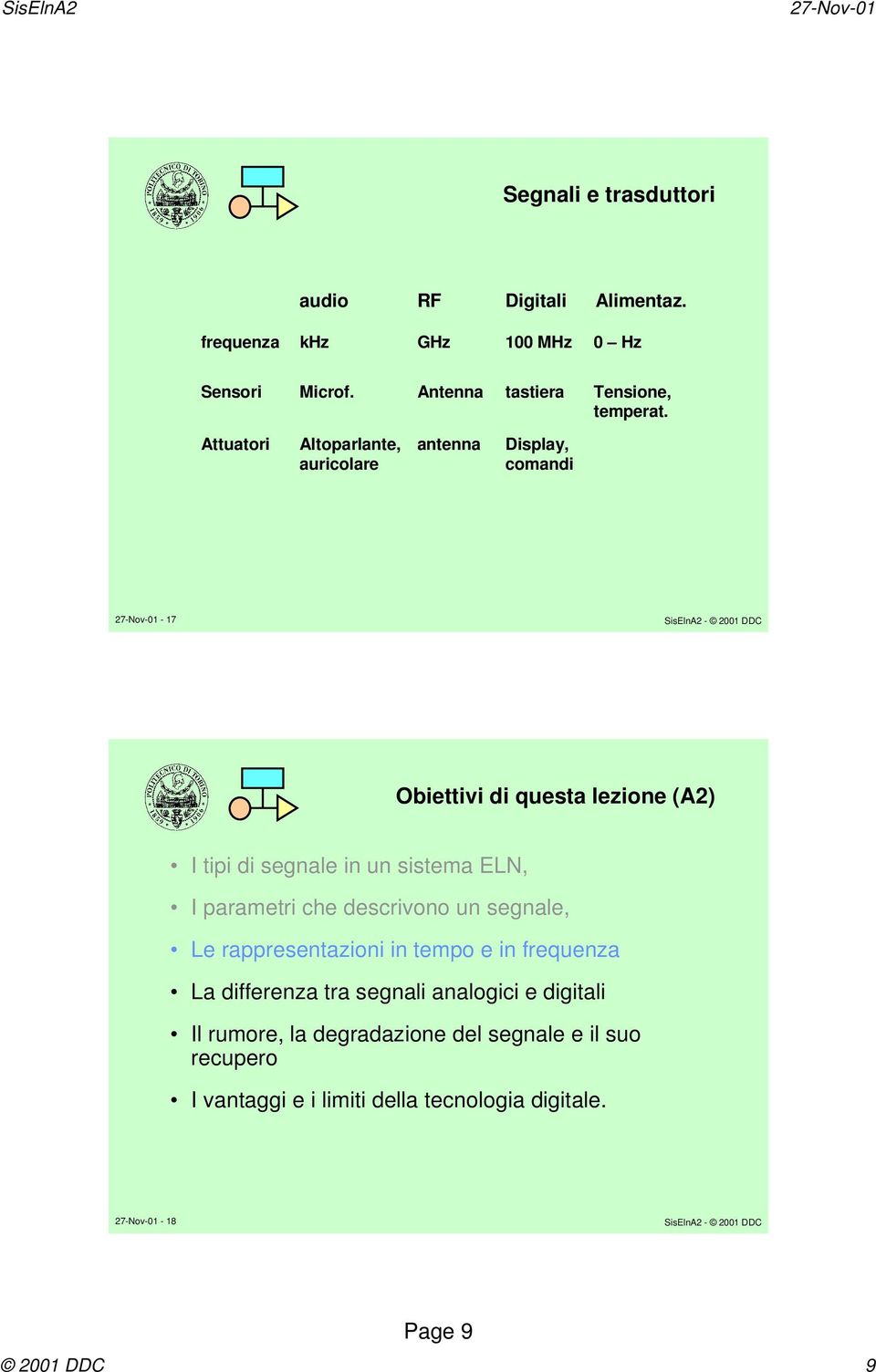 Attuatori Altoparlante, auricolare antenna Display, comandi - 17 Obiettivi di questa lezione (A2) I tipi di segnale in un sistema