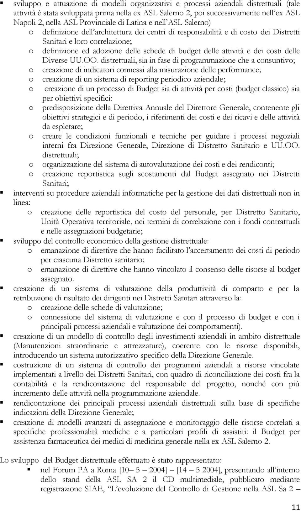 budget delle attività e dei costi delle Diverse UU.OO.