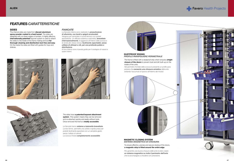 On the inside the sides are fi tted with guides for trays and shelves. FIANCATE Le fi ancate interne sono realizzate in pressofusione di alluminio, con bordi e spigoli arrotondati.