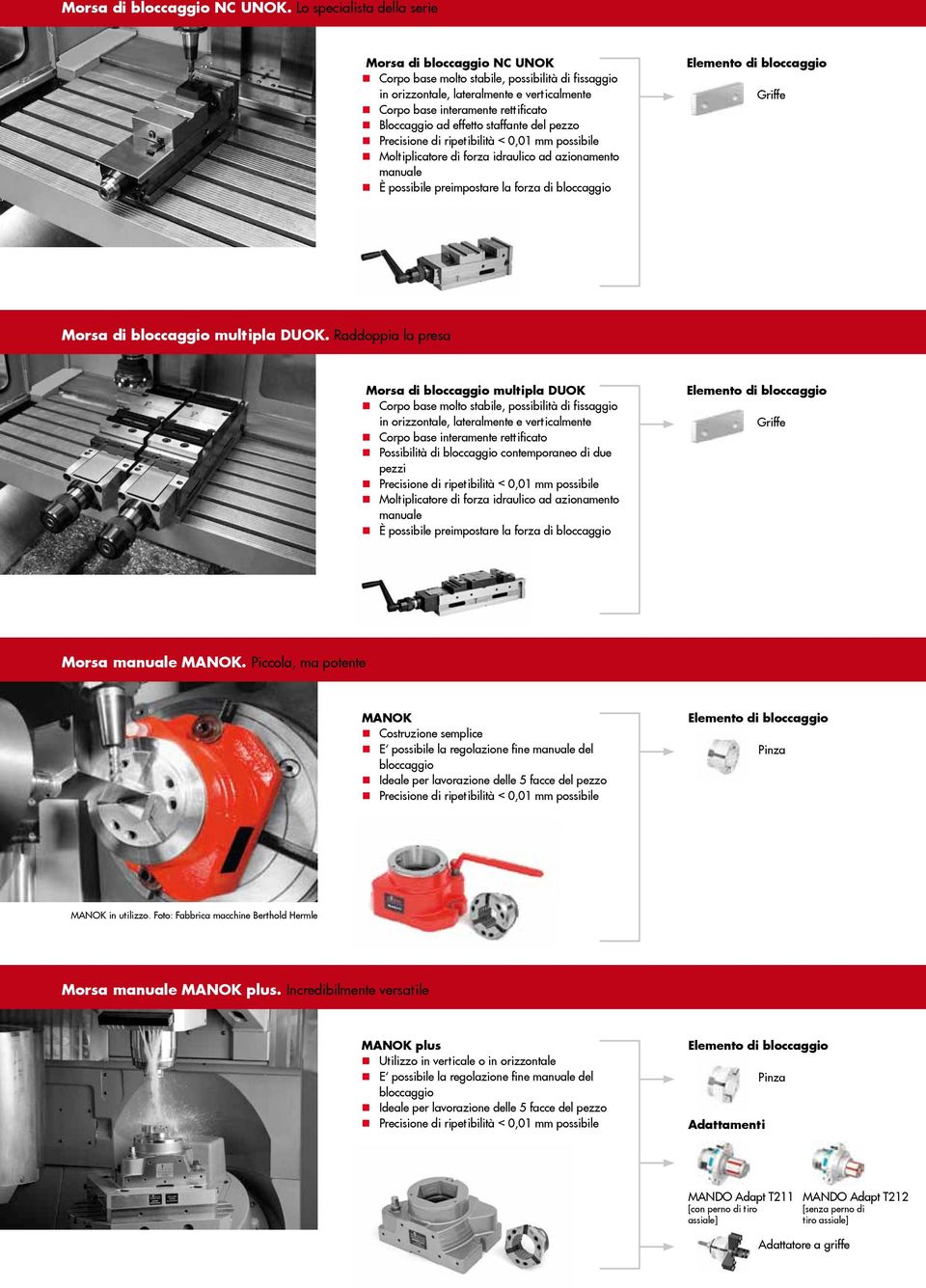 Bloccaggio ad effetto staffante del pezzo n Moltiplicatore di forza idraulico ad azionamento manuale n È possibile preimpostare la forza di bloccaggio Morsa di bloccaggio multipla DUOK.