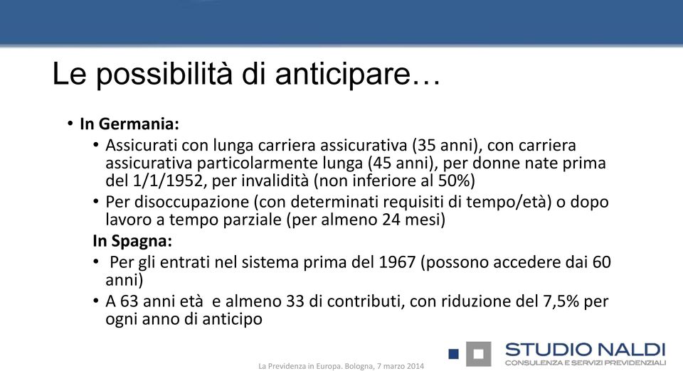 (con determinati requisiti di tempo/età) o dopo lavoro a tempo parziale (per almeno 24 mesi) In Spagna: Per gli entrati nel