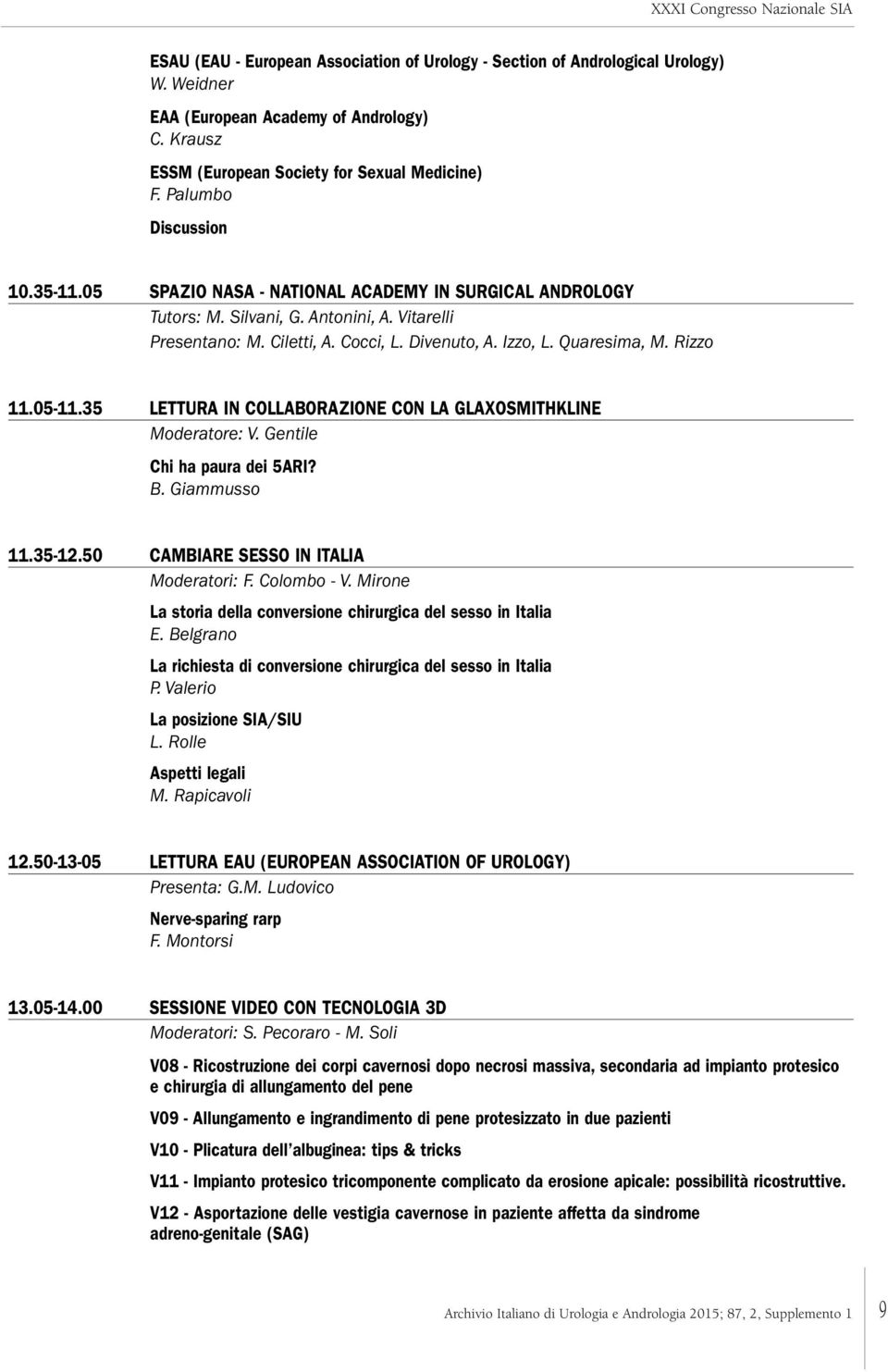 Quaresima, M. Rizzo 11.05-11.35 LETTURA IN COLLABORAZIONE CON LA GLAXOSMITHKLINE Moderatore: V. Gentile Chi ha paura dei 5ARI? B. Giammusso 11.35-12.50 CAMBIARE SESSO IN ITALIA Moderatori: F.