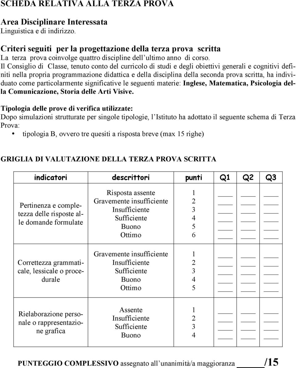 Il Consiglio di Classe, tenuto conto del curricolo di studi e degli obiettivi generali e cognitivi definiti nella propria programmazione didattica e della disciplina della seconda prova scritta, ha