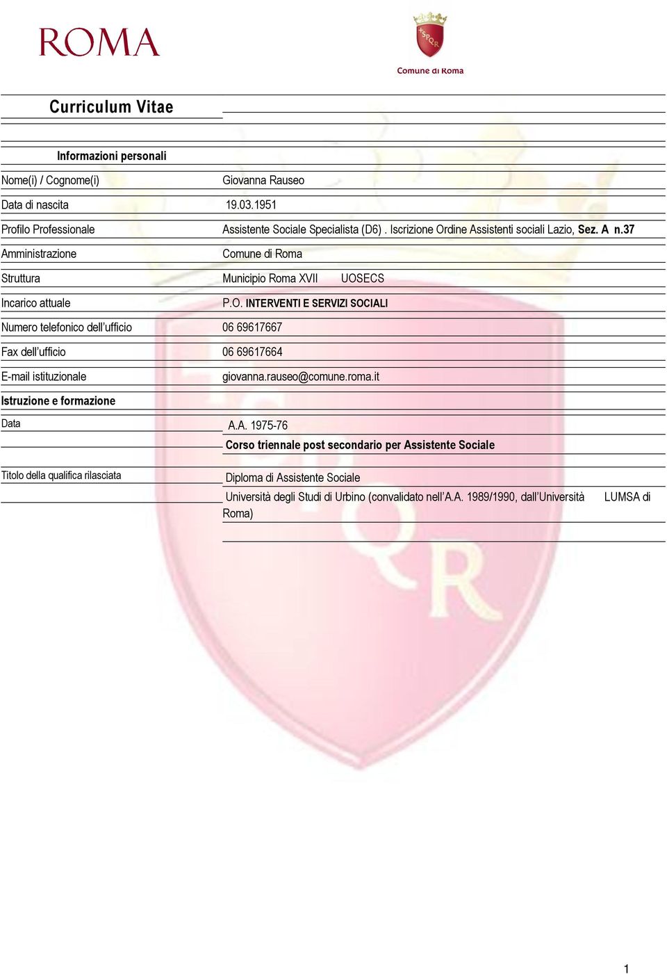 rauseo@comune.roma.it Istruzione e formazione Data A.