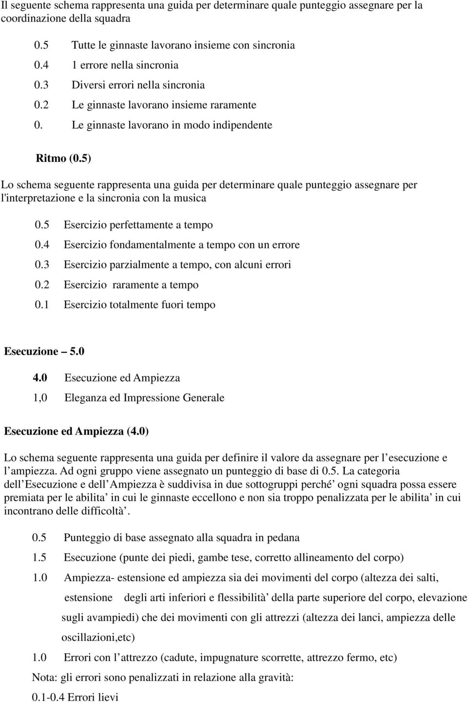 5) Lo schema seguente rappresenta una guida per determinare quale punteggio assegnare per l'interpretazione e la sincronia con la musica 0.5 Esercizio perfettamente a tempo 0.