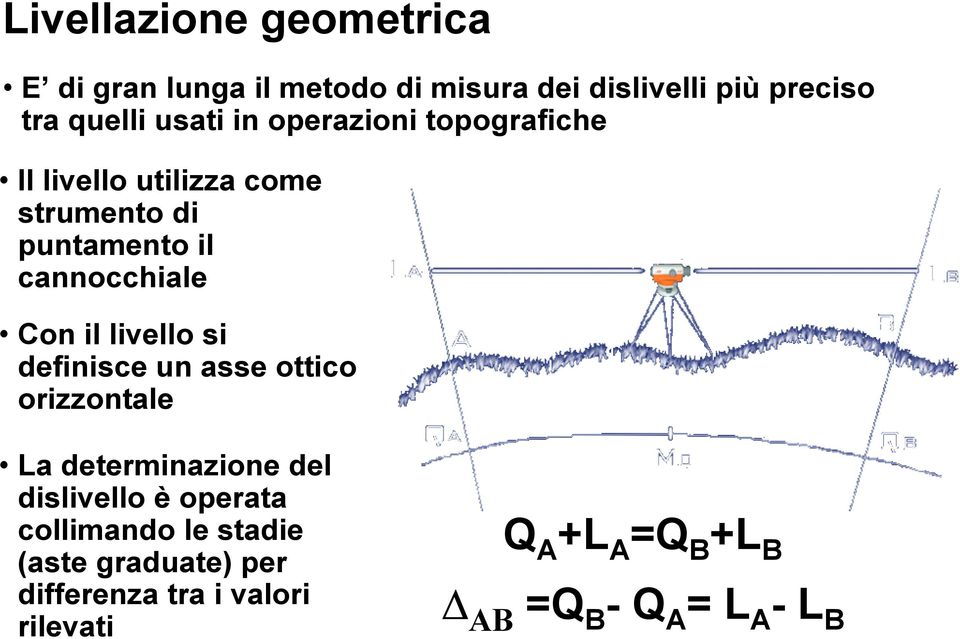 Con il livello si definisce un asse ottico orizzontale La determinazione del dislivello è operata