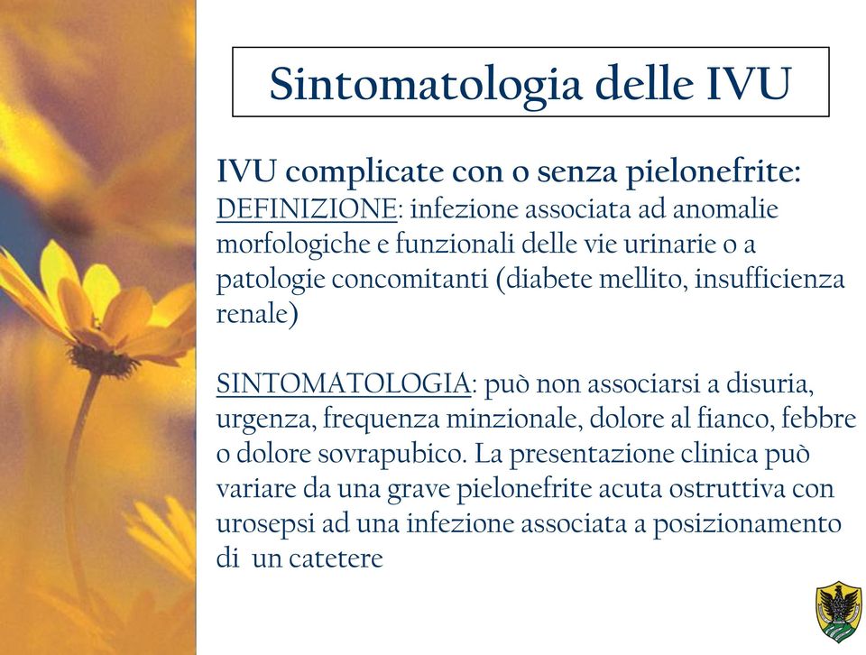 associarsi a disuria, urgenza, frequenza minzionale, dolore al fianco, febbre o dolore sovrapubico.