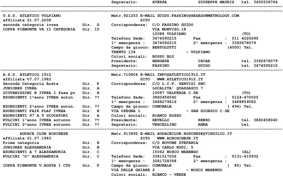 15 VIA MONVISO,18 10088 VOLPIANO (TO) Telefono Sede: 3474590215 Fax : 011 4025695 1 emergenza : 3474590215 2 emergenza : 3392678079 Campo da giuoco: BERTOLOTTI (4000) Tel.