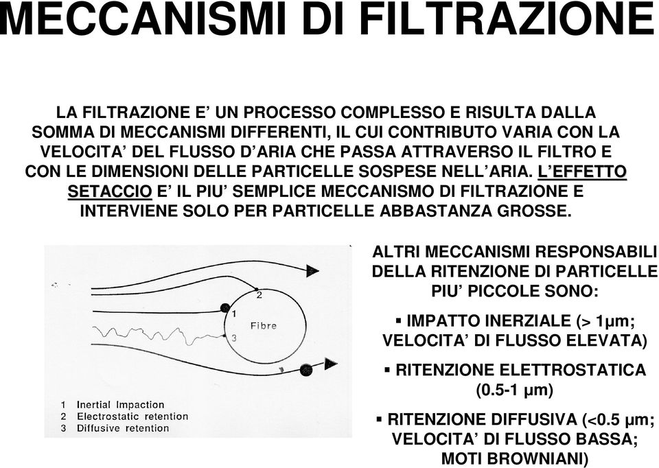 L EFFETTO SETACCIO E IL PIU SEMPLICE MECCANISMO DI FILTRAZIONE E INTERVIENE SOLO PER PARTICELLE ABBASTANZA GROSSE.