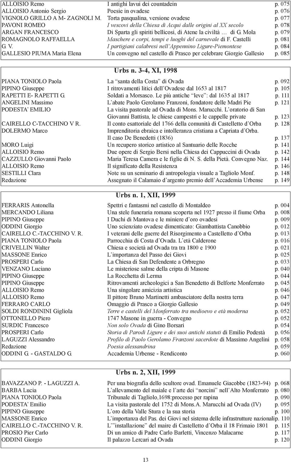 079 romagnolo raffaella Maschere e corpi, tempi e luoghi del carnevale di F. Castelli p. 081 G. v. I partigiani calabresi nell Appennino Ligure-Piemontese p.