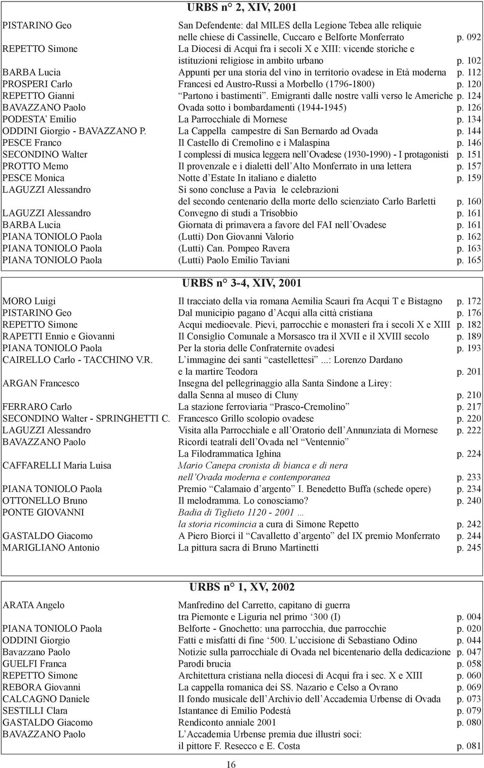 102 BarBa Lucia appunti per una storia del vino in territorio ovadese in età moderna p. 112 ProSPeri Carlo Francesi ed austro-russi a Morbello (1796-1800) p. 120 repetto Gianni Partono i bastimenti.