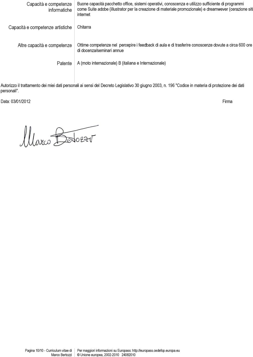 feedback di aula e di trasferire conoscenze dovute a circa 600 ore di docenza/seminari annue A (moto internazionale) B (italiana e Internazionale) Autorizzo il trattamento dei miei