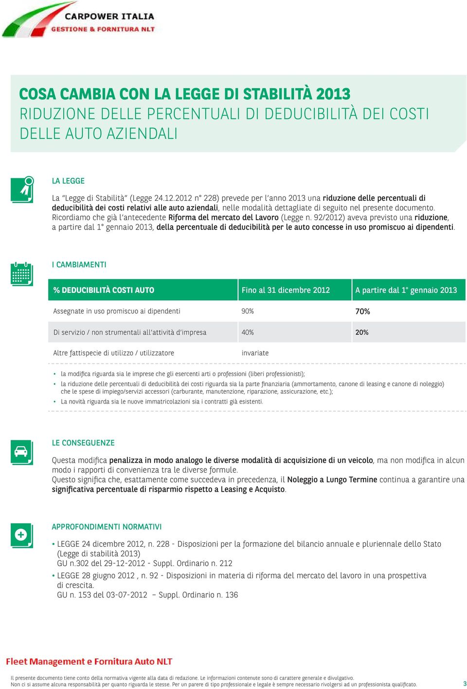 2012 n 228) prevede per l anno 2013 una riduzione delle percentuali di deducibilità dei costi relativi alle auto aziendali, nelle modalità dettagliate di seguito nel presente documento.