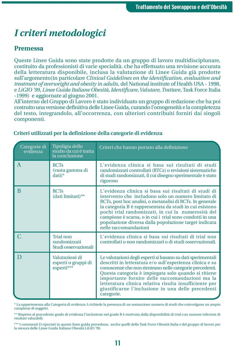 evaluation and treatment of overweight and obesity in adults, del National institute of Health USA - 1998, e LiGIO 99, Linee Guida Italiane Obesità, Identificare, Valutare, Trattare, Task Force