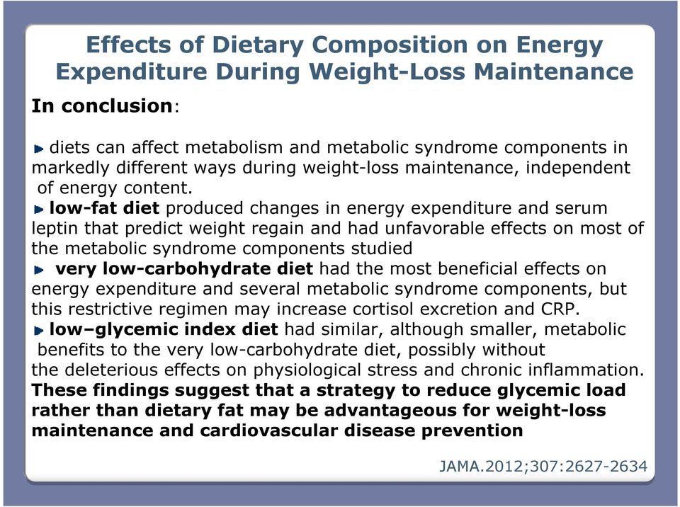 low-fat diet produced changes in energy expenditure and serum leptin that predict weight regain and had unfavorable effects on most of the metabolic syndrome components studied very low-carbohydrate