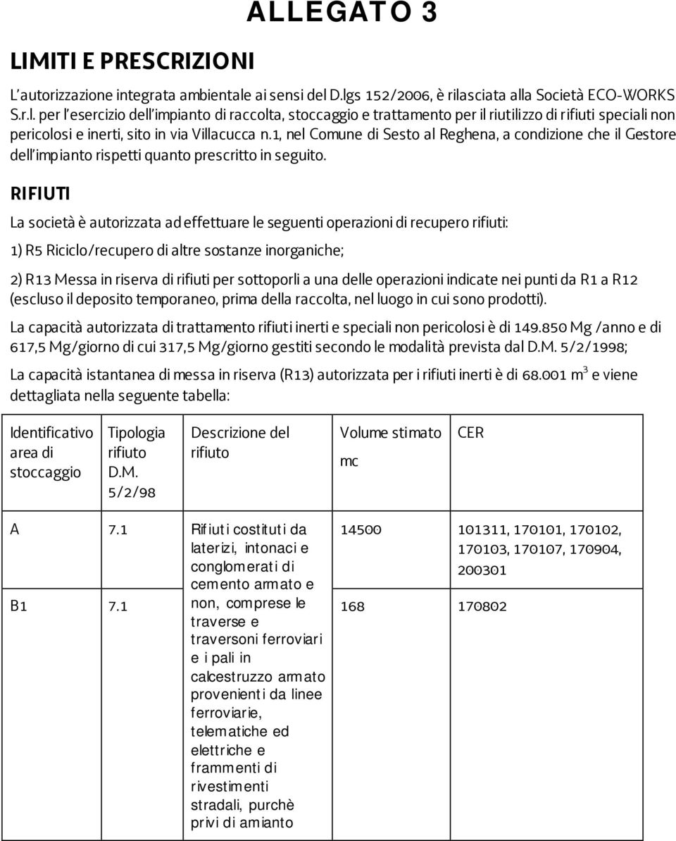 1, nel Comune di Sesto al Reghena, a condizione che il Gestore dell impianto rispetti quanto prescritto in seguito.