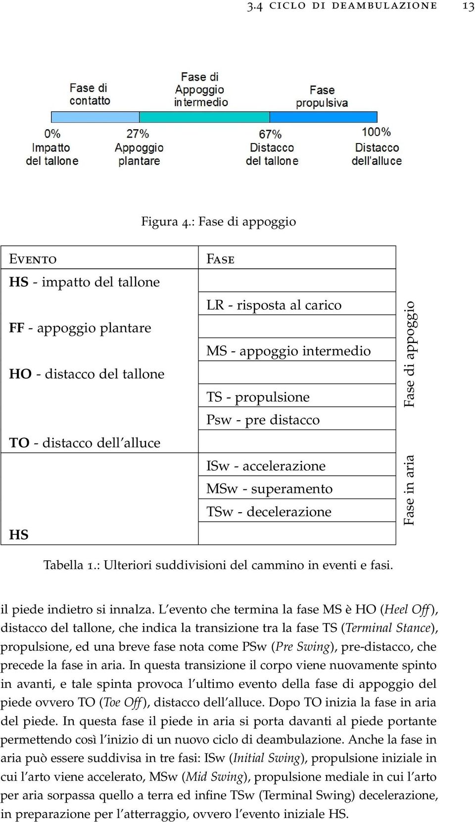 Psw - pre distacco ISw - accelerazione MSw - superamento TSw - decelerazione Fase di appoggio Fase in aria Tabella 1.: Ulteriori suddivisioni del cammino in eventi e fasi.