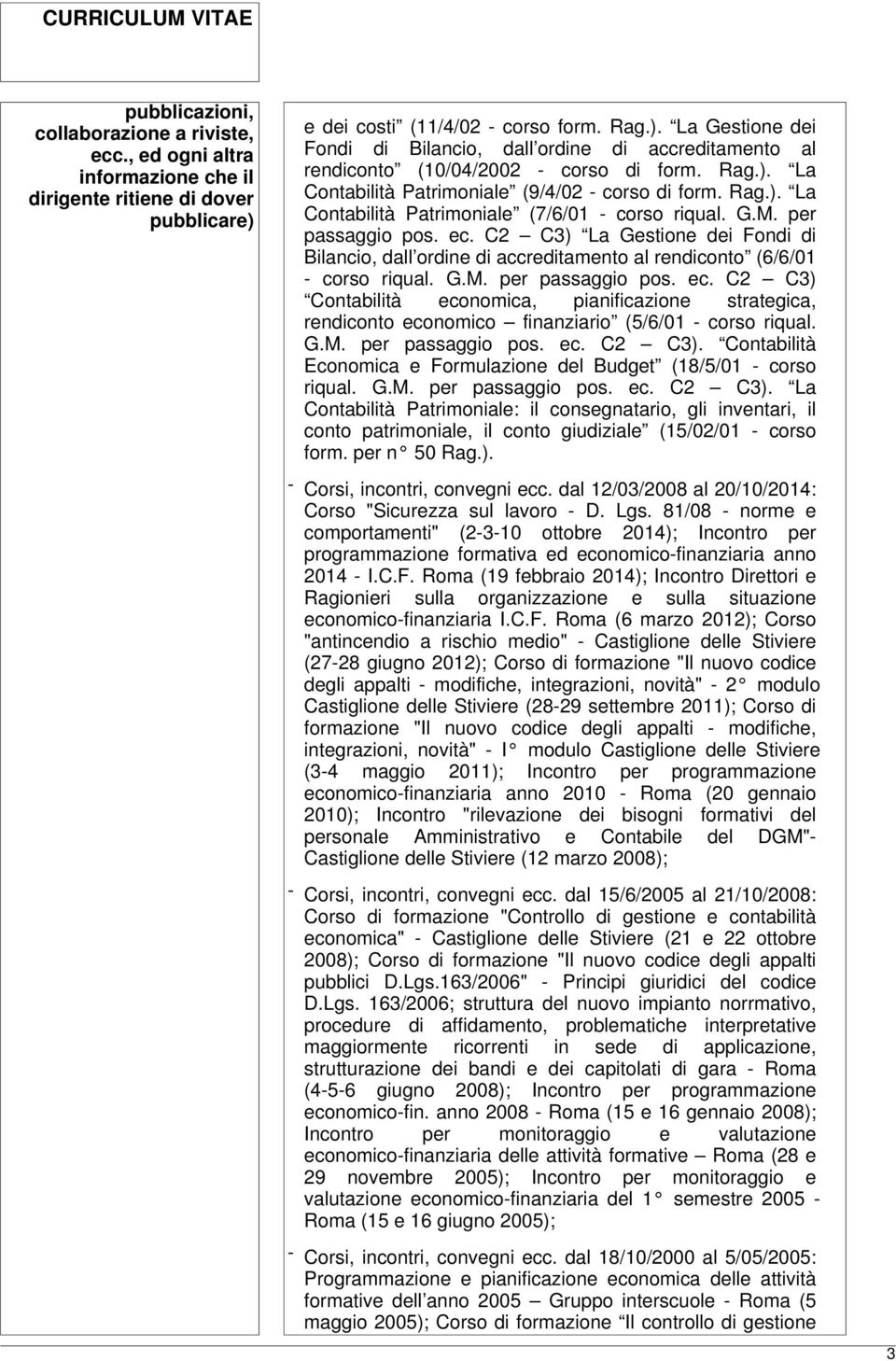 Rag.). La Contabilità Patrimoniale (7/6/01 - corso riqual. G.M. per passaggio pos. ec. C2 C3) La Gestione dei Fondi di Bilancio, dall ordine di accreditamento al rendiconto (6/6/01 - corso riqual. G.M. per passaggio pos. ec. C2 C3) Contabilità economica, pianificazione strategica, rendiconto economico finanziario (5/6/01 - corso riqual.