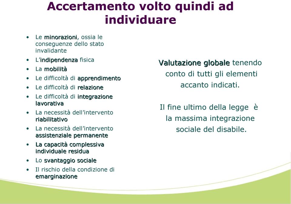 necessità dell intervento assistenziale permanente La capacità complessiva individuale residua Lo svantaggio sociale Il rischio della condizione di