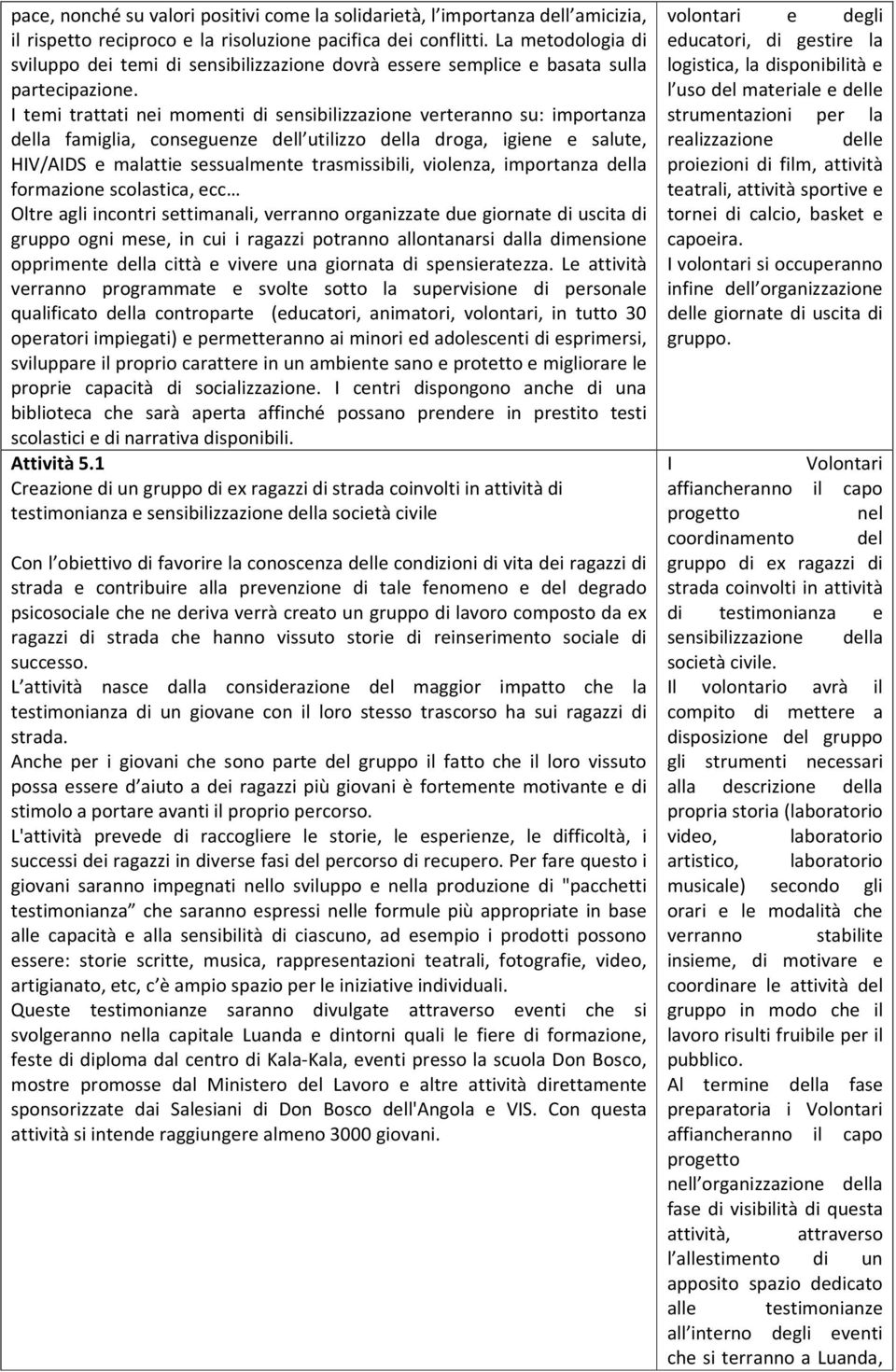 I temi trattati nei momenti di sensibilizzazione verteranno su: importanza della famiglia, conseguenze dell utilizzo della droga, igiene e salute, HIV/AIDS e malattie sessualmente trasmissibili,