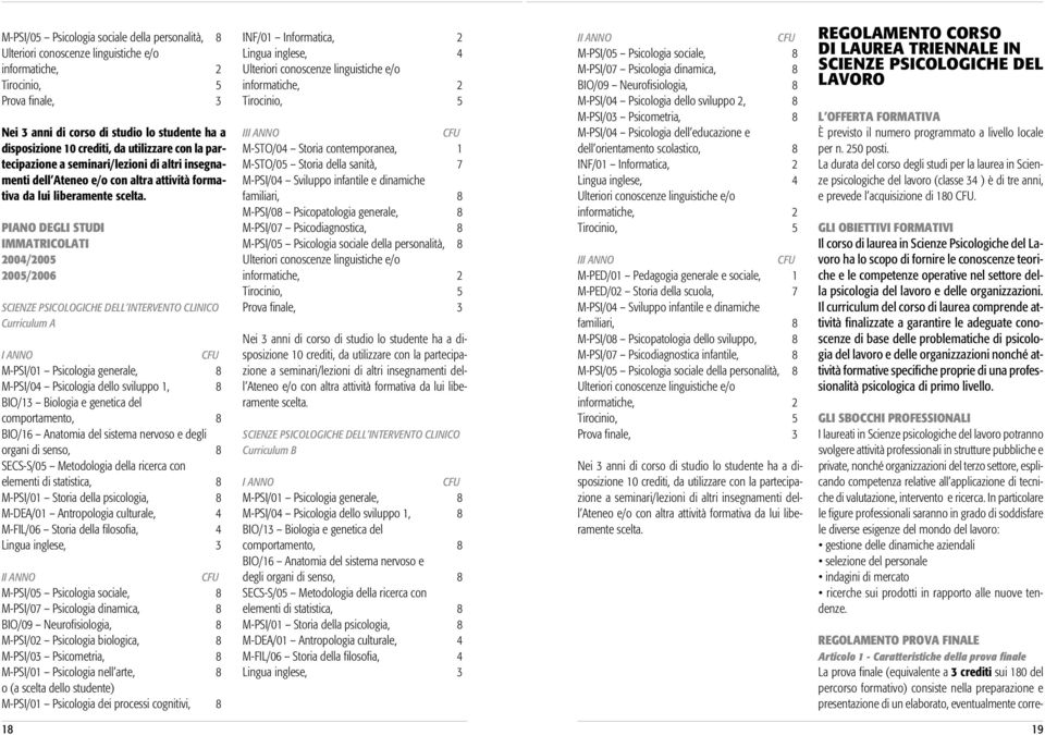 PIANO DEGLI STUDI IMMATRICOLATI 2004/2005 2005/2006 SCIENZE PSICOLOGICHE DELL INTERVENTO CLINICO Curriculum A I ANNO CFU M-PSI/01 Psicologia generale, 8 M-PSI/04 Psicologia dello sviluppo 1, 8 BIO/13