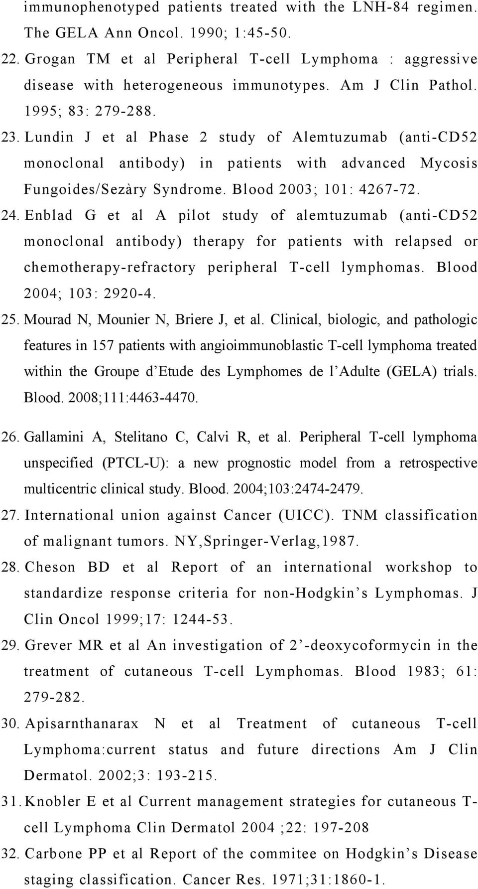 Blood 2003; 101: 4267-72. 24. Enblad G et al A pilot study of alemtuzumab (anti-cd52 monoclonal antibody) therapy for patients with relapsed or chemotherapy-refractory peripheral T-cell lymphomas.