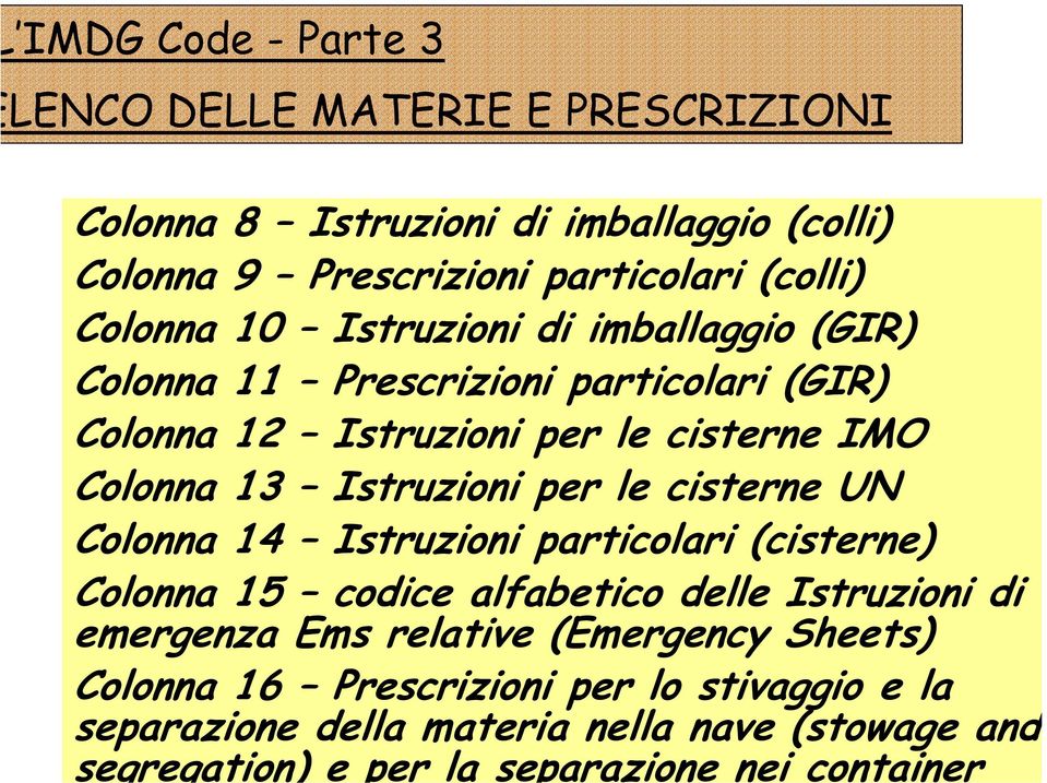 (cisterne) Colonna 15 codice alfabetico delle Istruzioni di emergenza Ems relative (Emergency Sheets) Colonna 16 Prescrizioni per lo stivaggio e la