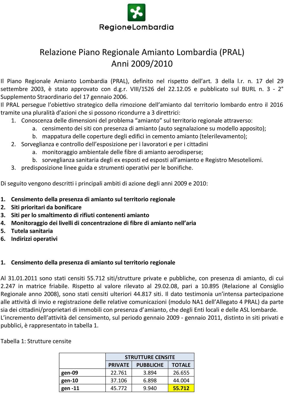 Il PRAL persegue l obiettivo strategico della rimozione dell amianto dal territorio lombardo entro il 2016 tramite una pluralità d azioni che si possono ricondurre a 3 direttrici: 1.