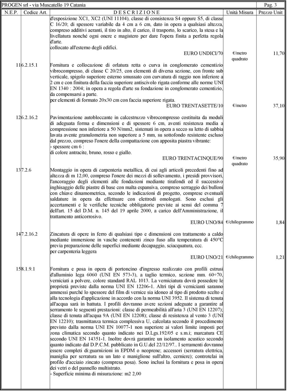 tiro in alto, il carico, il trasporto, lo scarico, la stesa e la livellatura nonché ogni onere e magistero per dare l'opera finita a perfetta regola d'arte. collocato all'esterno degli edifici.