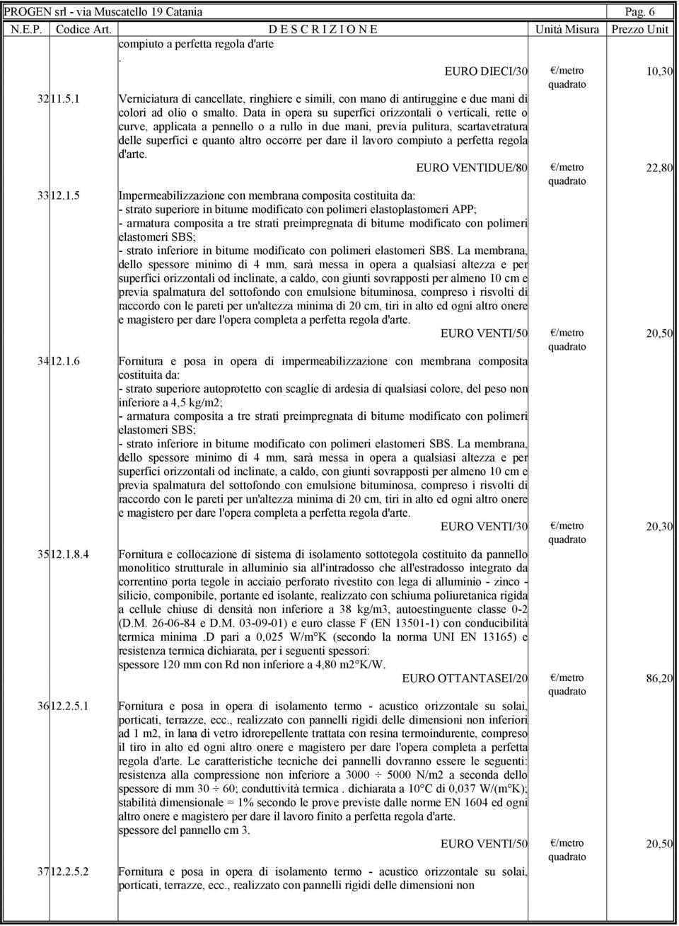 Data in opera su superfici orizzontali o verticali, rette o curve, applicata a pennello o a rullo in due mani, previa pulitura, scartavetratura delle superfici e quanto altro occorre per dare il