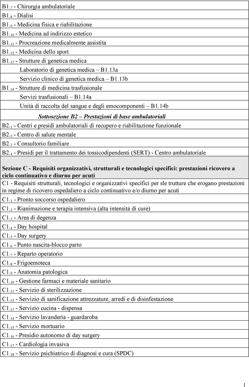 14 - Strutture di medicina trasfusionale Servizi trasfusionali B1.14a Unità di raccolta del sangue e degli emocomponenti B1.14b Sottosezione B2 Prestazioni di base ambulatoriali B2.