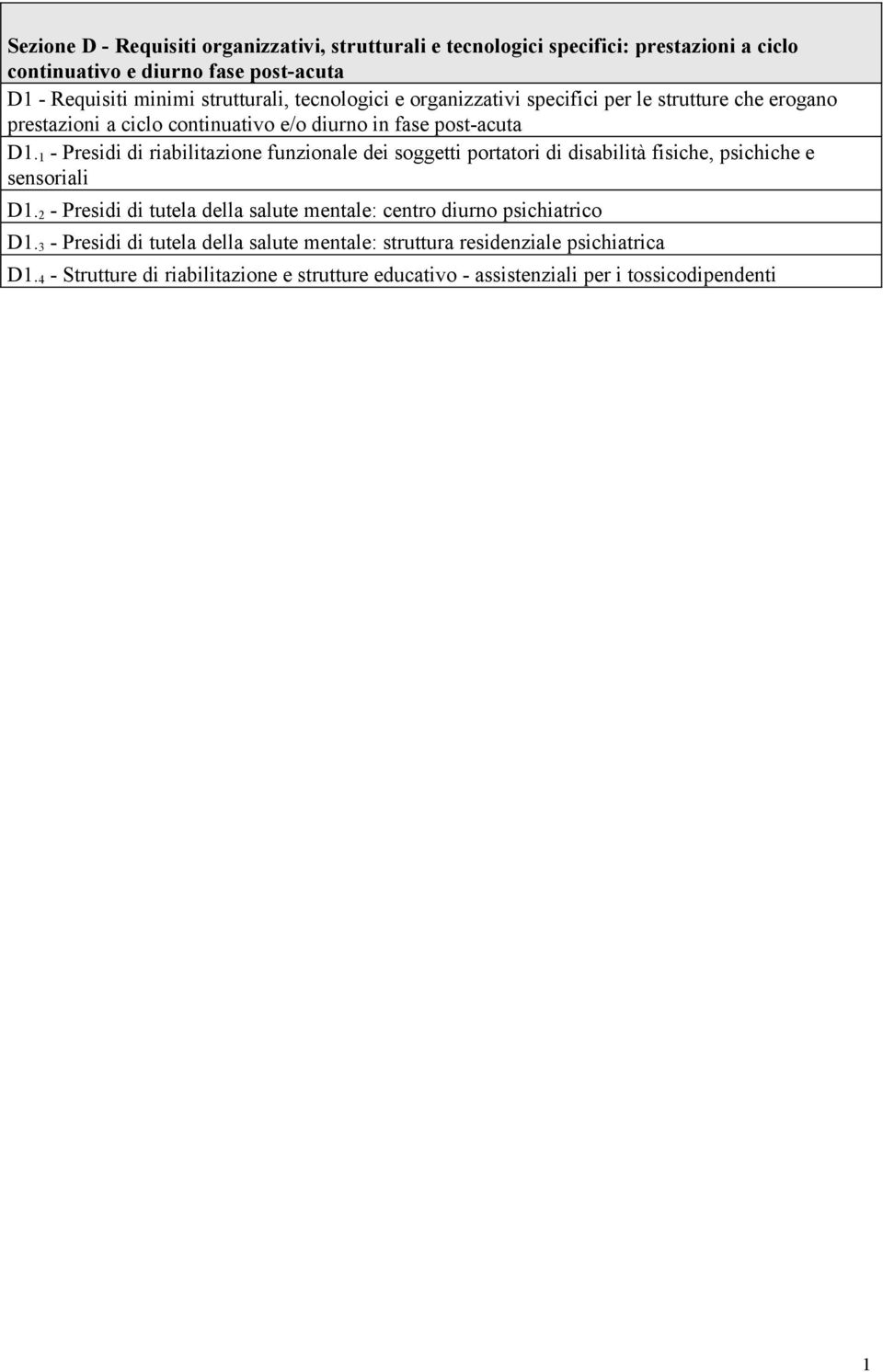 1 - Presidi di riabilitazione funzionale dei soggetti portatori di disabilità fisiche, psichiche e sensoriali D1.