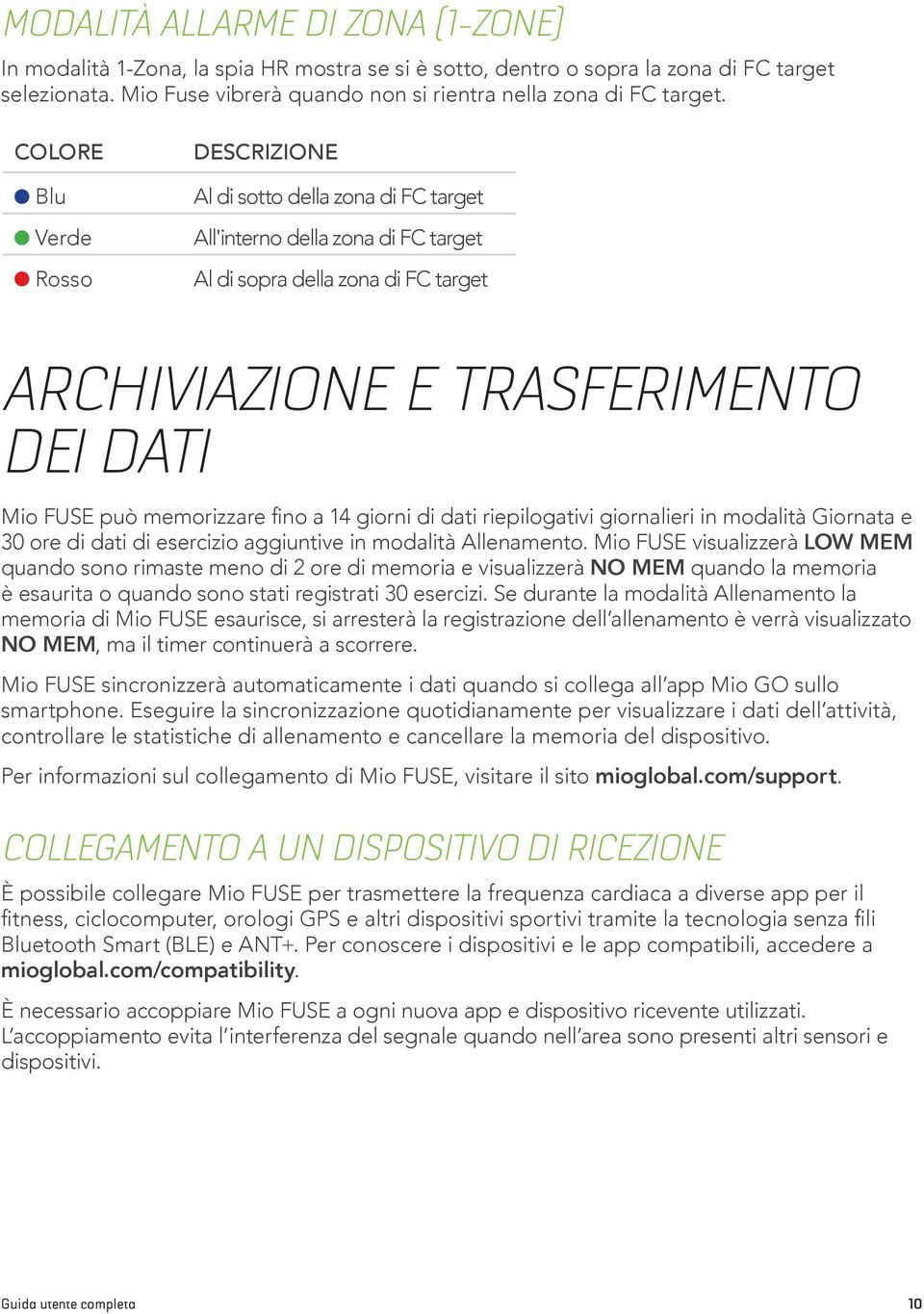 memorizzare fino a 14 giorni di dati riepilogativi giornalieri in modalità Giornata e 30 ore di dati di esercizio aggiuntive in modalità Allenamento.