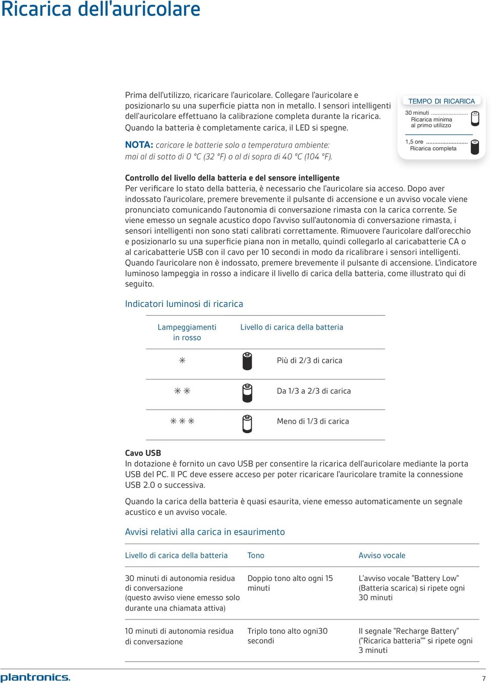 NOTA: caricare le batterie solo a temperatura ambiente: mai al di sotto di 0 ºC (32 ºF) o al di sopra di 40 ºC (104 ºF). tempo di ricarica 30 minuti... Ricarica minima al primo utilizzo 1,5 ore.