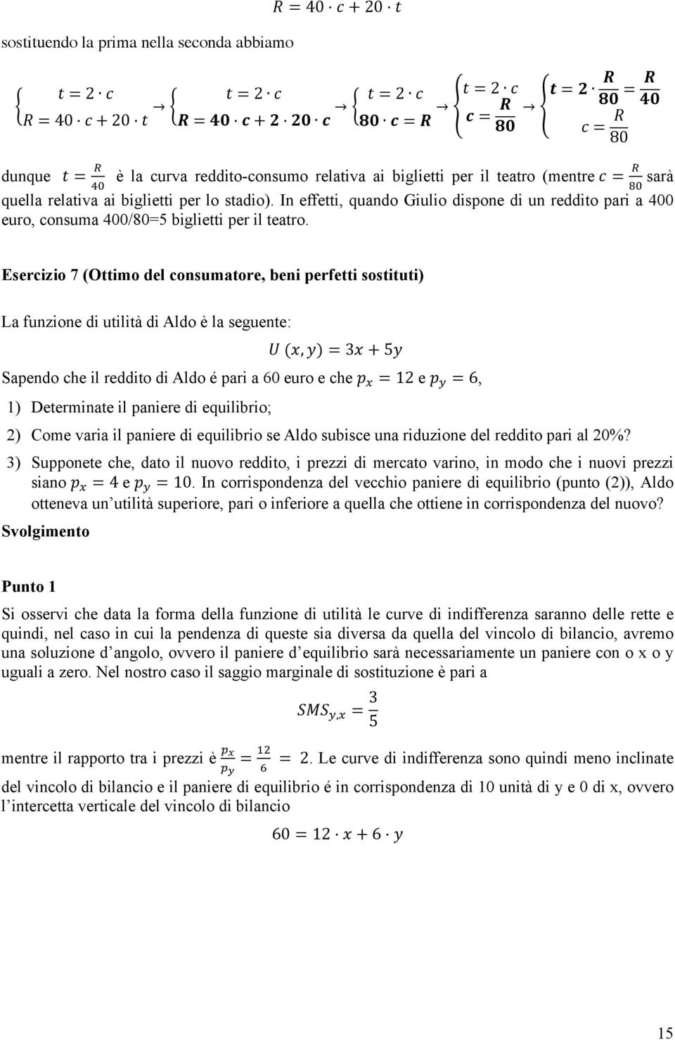 In effetti, quando Giulio dispone di un reddito pari a 400 euro, consuma 400/80=5 biglietti per il teatro.