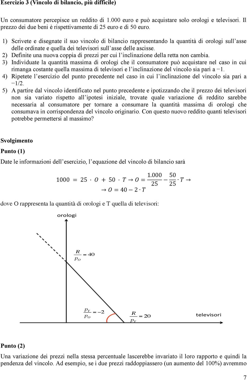 ) Scrivete e disegnate il suo vincolo di bilancio rappresentando la quantità di orologi sull asse delle ordinate e quella dei televisori sull asse delle ascisse.